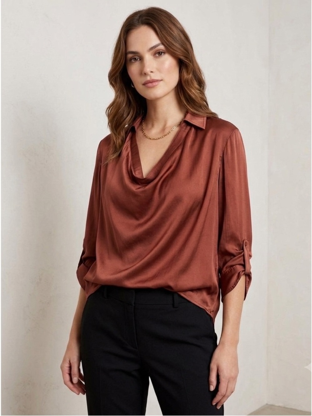 Vince Satin Drape Blouse - Rust Brown Size10(M)